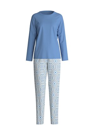 Blue long-sleeve top paired with patterned light blue pants featuring geometric designs. Material is smooth, with a relaxed fit.