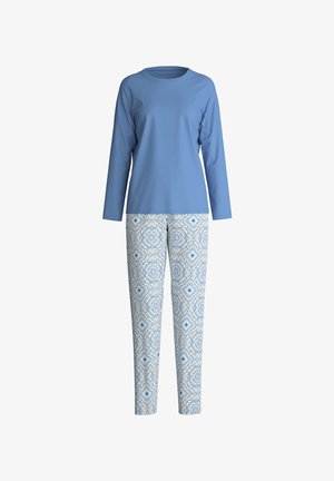 Blauwe lange mouw top gecombineerd met lichtblauwe broek met patronen en geometrische ontwerpen. Het materiaal is glad en heeft een ontspannen pasvorm.