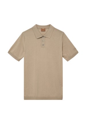 Beige Poloshirt mit kurzen Ärmeln, Kragen und drei Knöpfen, mit gerippten Ärmelbündchen und Saum.