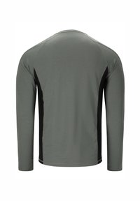 Langærmet grå atletisk trøje med sorte sidepaneler vist bagfra på en hvid baggrund.