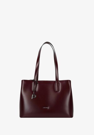 Bordeauxrote Kunstleder-Einkaufstasche mit zwei langen Griffen, glatter Textur, silbernen Metallakzenten und einem vorne eingeprägten Logo.