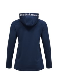 Tamsiai mėlynas sportinis džemperis su kapišonu ir ilgomis rankovėmis. Ant nugaros kaklo yra balta "PeakPerformance" logotipas. Lygi tekstūra.