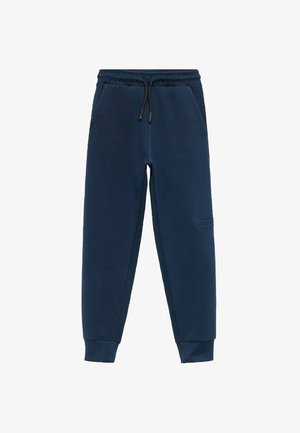 Pantaloni de trening bleumarin dintr-un material moale, cu o talie elastică și șnur de strângere, având buzunare laterale și se îngustează la glezne.