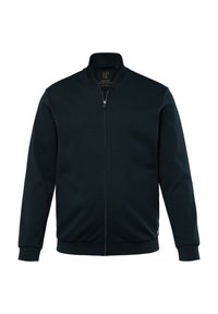 Chaqueta de chándal de color navy con cremallera, fabricada en tejido suave, con un cuello alzado, mangas largas, bolsillos laterales y puños y dobladillo de canalé.