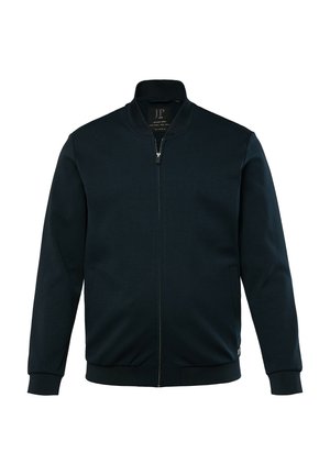 Marineblaue Zip-Jacke aus weichem Stoff, mit Stehkragen, langen Ärmeln, Seitentaschen und gerippten Bündchen und Saum.