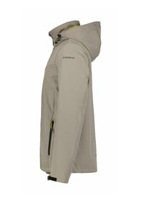 Veste imperméable beige clair avec capuche, dotée de poches latérales zippées et de poignets réglables. Fabriquée en matériau respirant.
