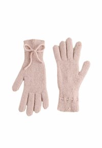 Guanti a coste di un leggero rosa realizzati in morbido filato, caratterizzati da una struttura lavorata a maglia, con lacci ai polsi e tre decorazioni su uno dei guanti.