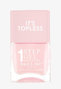 Ljusrosa nagellack i en genomskinlig rektangulär flaska, märkt "1 STEP GEL MANICURE NAILS.INC LONDON." Kapsylen är i solid ljusrosa. Volymen är 14 mL.