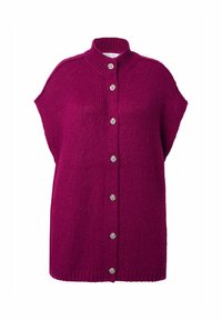 Fuchsia gestrickter Weste mit hohem Kragen, kurzen Ärmeln und fünf dekorativen silbernen Knöpfen auf der Vorderseite. Weiche Textur.