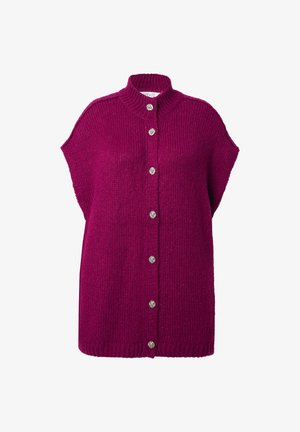 Fuchsia knitted vest with a high collar, featuring short sleeves and five decorative silver buttons down the front. Soft texture.