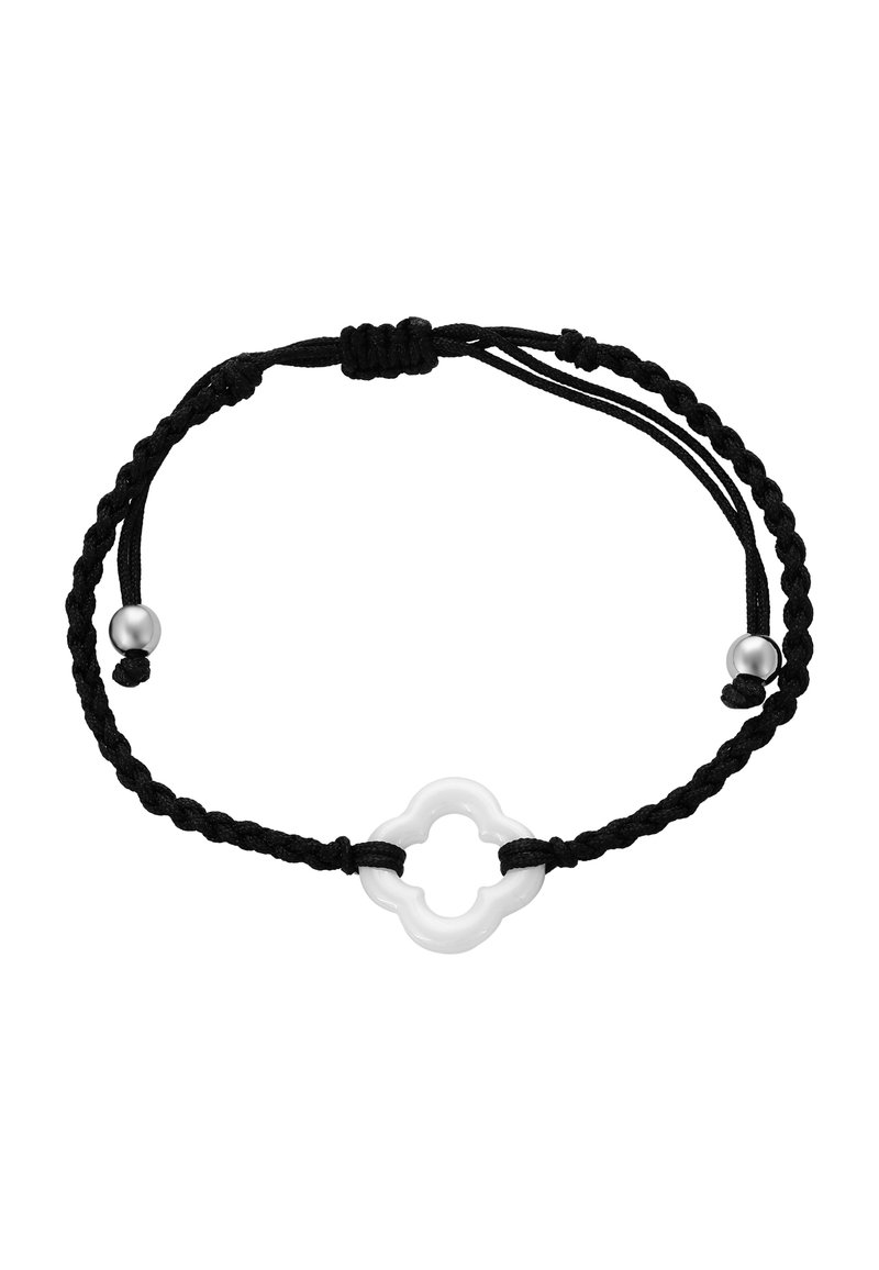 Schwarzes geflochtenes Armband mit einem weißen vierblättrigen Akzent und metallischen silbernen Perlen zur Anpassung.