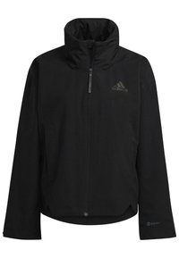 Veste imperméable noire Adidas avec un col montant, fermeture éclair sur le devant, poches latérales et le logo "RAIN.RDY" sur la manche.