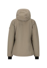 Tan fodrad jacka med huva, svarta muddar och en slät textur. Har en enkel design utan synliga knäppningar eller dekorationer.