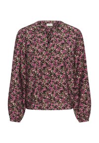 Blouse fleurie à manches longues et col rond. Présente un tissu transparent avec des motifs roses, verts et noirs, et des poignets légèrement froncés.