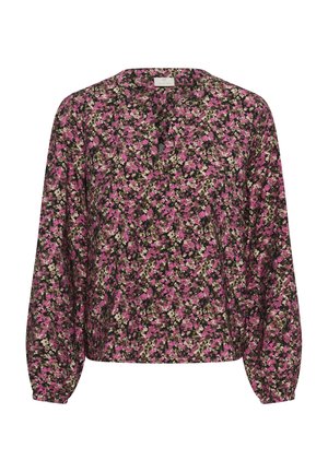 Floral blouse with long sleeves and round neckline. Features a sheer fabric with pink, green, and black patterns, slightly gathered cuffs.