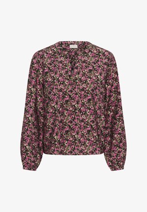 Blusa floreale con maniche lunghe e scollo rotondo. Presenta un tessuto trasparente con motivi rosa, verdi e neri, polsini leggermente arricciati.