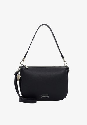 Czarna skórzana torba na ramię o teksturowanym wykończeniu, zamykana na zamek błyskawiczny, z odpinanym paskiem. Posiada srebrny akcent i zawieszkę w kształcie serca.