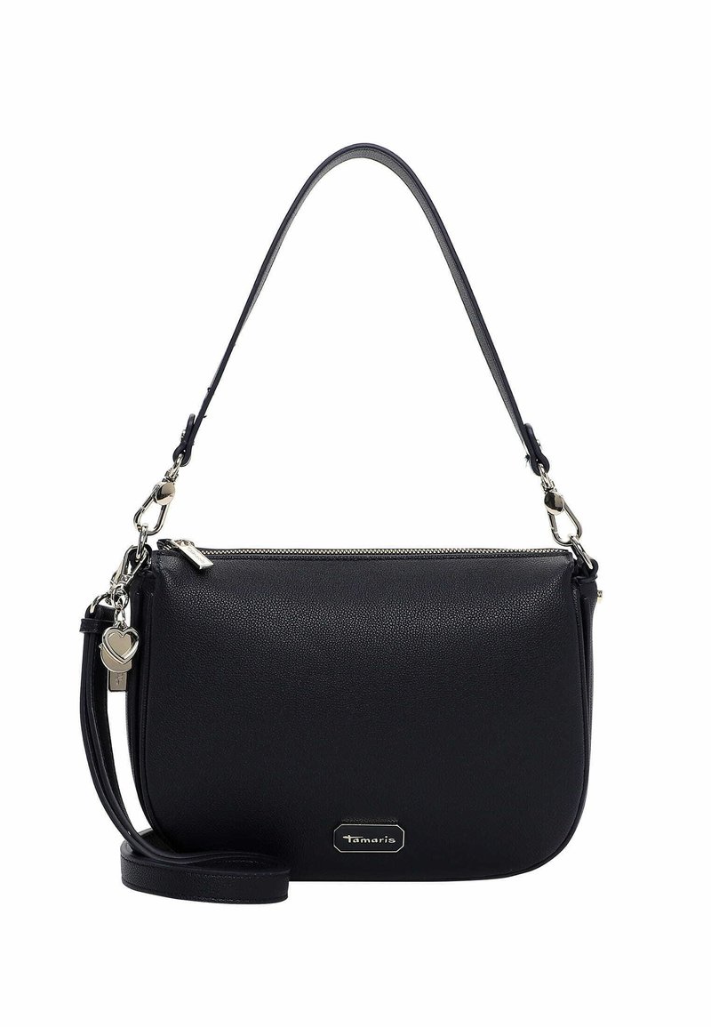 Czarna skórzana torba na ramię o teksturowanym wykończeniu, zamykana na zamek błyskawiczny, z odpinanym paskiem. Posiada srebrny akcent i zawieszkę w kształcie serca.