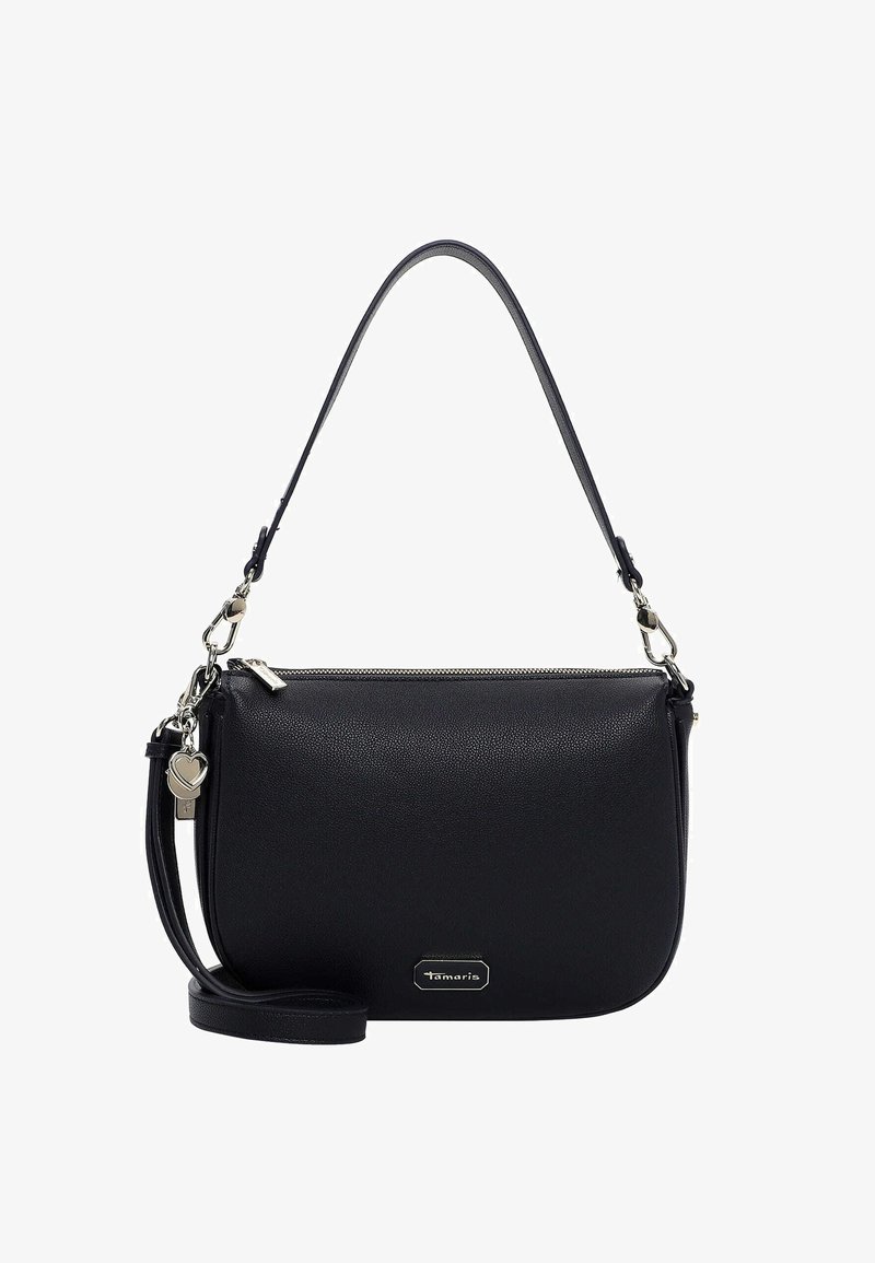 Czarna skórzana torba na ramię o teksturowanym wykończeniu, zamykana na zamek błyskawiczny, z odpinanym paskiem. Posiada srebrny akcent i zawieszkę w kształcie serca.