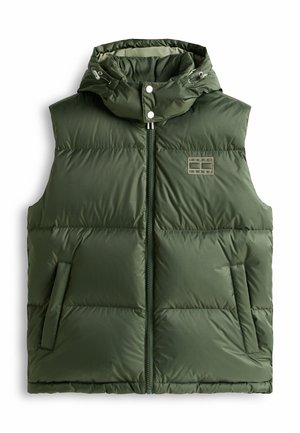 Green puffer vest with a hood, featuring a front zipper closure, two side pockets, and a small logo on the chest. Textured, quilted design.