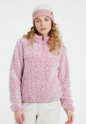 Fleece pullover in lichtroze met een gestructureerd, fluffy oppervlak. Voorzien van een halve rits kraag en aansluitende manchetten. Bijpassende gebreide beanie in roze en wit.