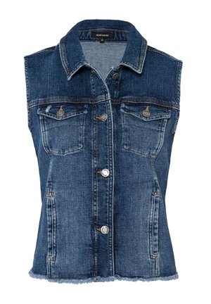 Niebieska bezrękawnikowa kamizelka z denimu z przodu na guziki, dwoma klapowymi kieszeniami na piersi, kieszeniami po bokach oraz postrzępionym dołem.
