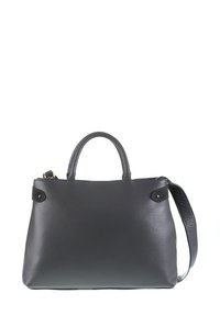 Zwarte leren handtas met bovenhandvatten en een afneembare schouderriem, met een geprofileerde textuur en minimale metalen accenten.