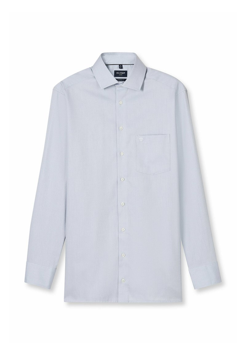 Hellblaues Langarmhemd mit einem Button-down-Kragen, einer Vorderbrusttasche und feiner Textur. Es verfügt über weiße Knöpfe und geknöpfte Manschetten.