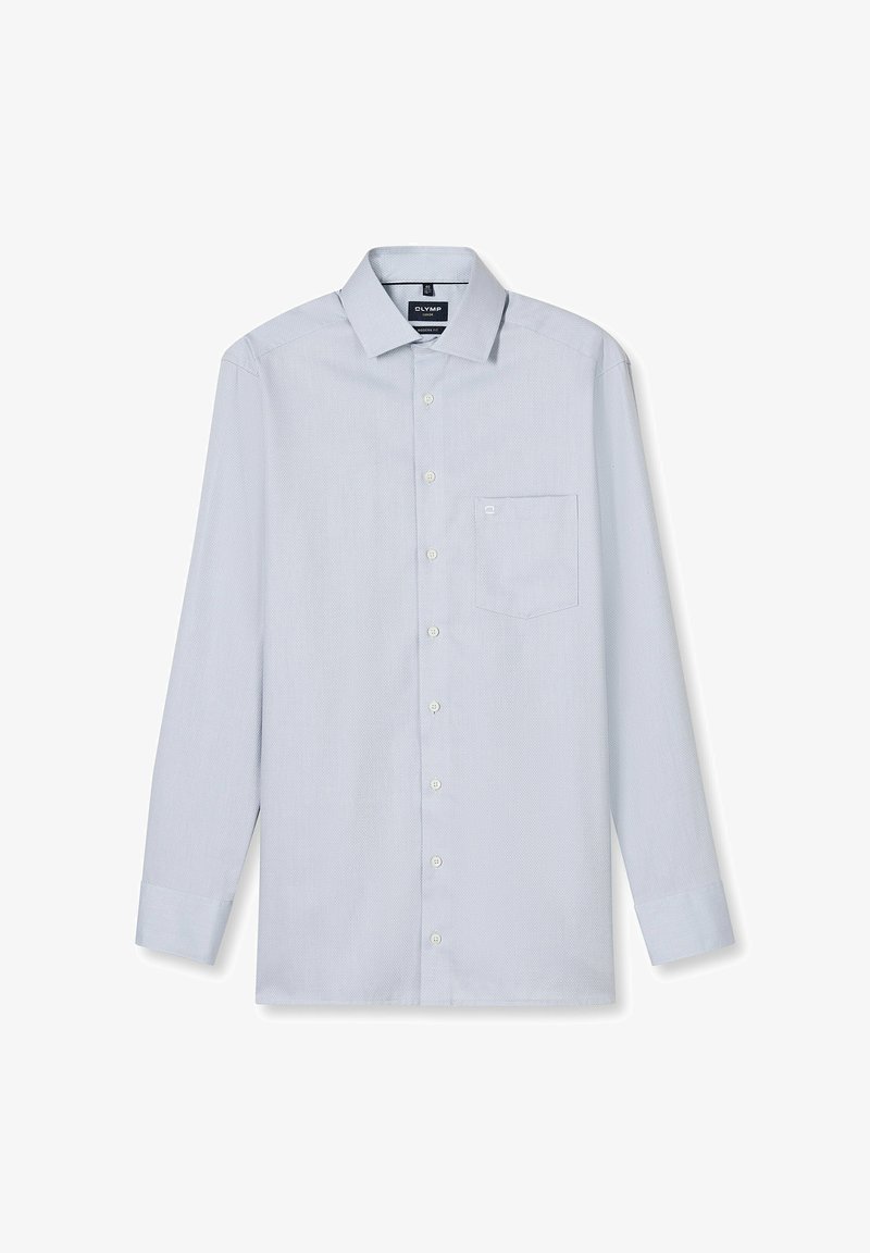 Hellblaues Langarmhemd mit einem Button-down-Kragen, einer Vorderbrusttasche und feiner Textur. Es verfügt über weiße Knöpfe und geknöpfte Manschetten.