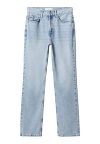 Jeans de denim azul claro con un diseño de pierna recta, que cuentan con cinco bolsillos y un ligero desgaste para dar textura. Cintura de altura media.