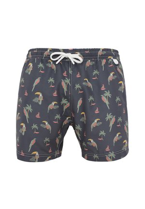 Shorts de bain pour homme en tissu gris foncé avec un imprimé tropical de perroquets, palmiers et voiliers, dotés d'une taille élastique et d'un cordon de serrage.