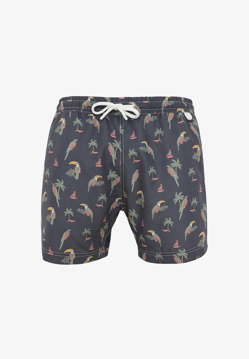 Shorts de bain pour homme en tissu gris foncé avec un imprimé tropical de perroquets, palmiers et voiliers, dotés d'une taille élastique et d'un cordon de serrage.
