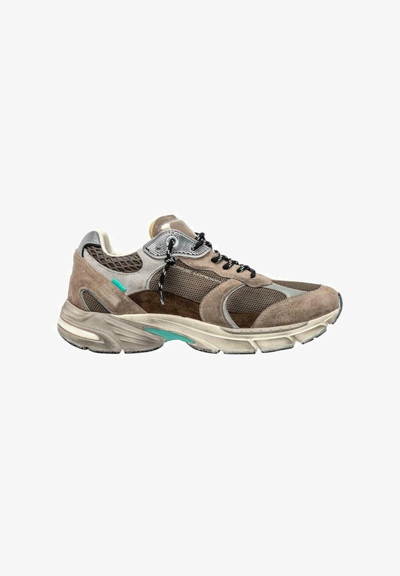 Sneaker in suede marrone con pannelli in mesh, dettagli argento e lacci neri. Presenta una suola intermedia beige con un accento teal sul lato.
