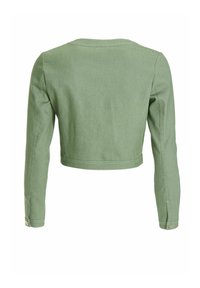 Vue arrière d'une veste courte à manches longues vert clair avec poignets boutonnés et détails de couture visibles.