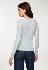 Maglione azzurro chiaro a maniche lunghe con collo a giro, realizzato in un morbido tessuto lavorato a maglia. Presenta polsi a costina e una vestibilità aderente.