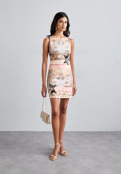 Sleeveless, fitted dress in soft pastel colors, featuring floral and butterfly patterns. Smooth fabric, mid-thigh length, complemented by nude heels.