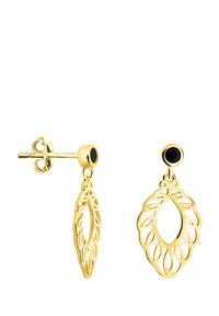 Orecchini in metallo dorato con intricati ritagli a forma di foglia e piccole pietre nere al perno. Design leggero ed elegante.