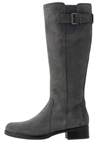 Stivale grigio in suede alto fino al ginocchio con dettagli cuciti, accentato da una fibbia rettangolare e un tacco nero basso. Superficie liscia e testurizzata.