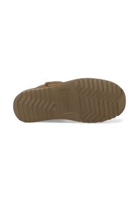 Bruine rubberen zool met een zigzagprofiel en een rechthoekig logo. Gewoven oppervlak voor grip en stabiliteit.