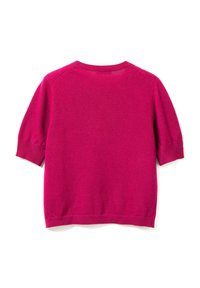 Kurzarmpullover in leuchtendem Pink, aus weichem Material gefertigt, mit Rundhalsausschnitt und gerippten Bündchen und Saum.
