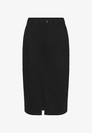 Jupe midi en denim noir avec une fente frontale, des passants de ceinture et une fermeture à un bouton. Elle possède des poches et un design droit.