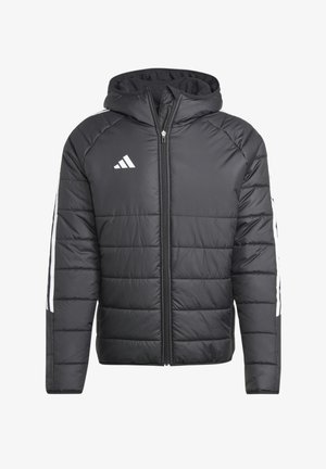 Black puffer jacket with a front zipper, hood, horizontal stitched panels, and white side stripes. Features an Adidas logo on the chest.