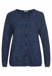 Mörkblå stickad cardigan med V-ringning, långa ärmar och sex svarta knappar fram. Har ett texturerat, mjukt tyg.
