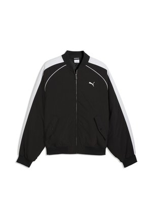 Fekete-fehér Puma cipzáras dzseki bordázott gallérral, mandzsettákkal, szegéllyel, oldalzsebekkel és fehér Puma logóval a mellrészen.