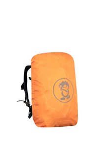 Orange backpack with a smooth, shiny surface. Features black straps and a central logo in gray. Simple, rounded shape, minimalistic design.