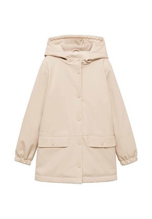 Veste à capuche beige avec boutons-pression sur le devant, deux poches à rabat et poignets élastiques aux manches longues pour une coupe décontractée.