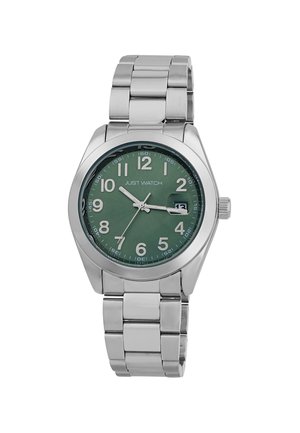 Silberne Metallarmbanduhr mit grünem Zifferblatt, großen weißen Stundenmarkierungen, Datumsanzeige auf 3 Uhr und einem Armband aus Edelstahlglieder.