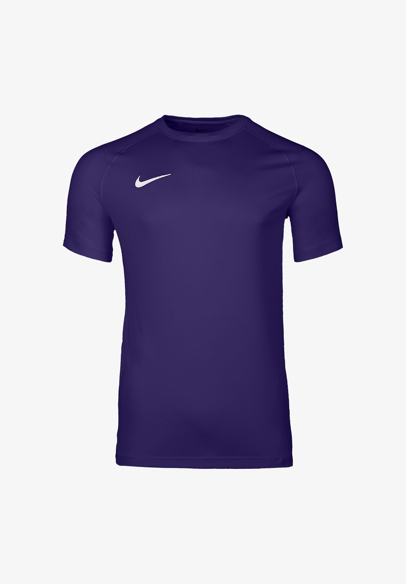 T-shirt de sport à manches courtes de couleur violet foncé avec le logo Nike en forme de virgule blanche sur le côté droit de la poitrine.