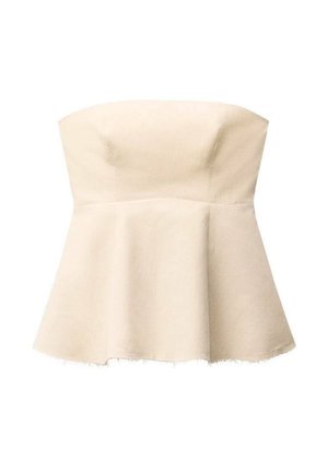 Beige strapless peplum top gemaakt van een zachte stof, met een aansluitende bodice en een uitlopende zoom met een ruwe randafwerking.