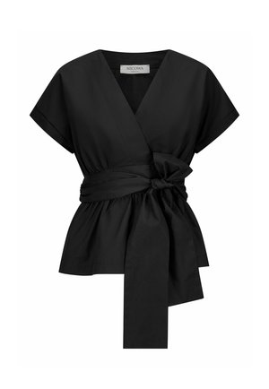 Zwarte korte mouwen overslagblouse met diepe V-hals en brede taille strik, aan de taille geplooid voor een aansluitende silhouet.